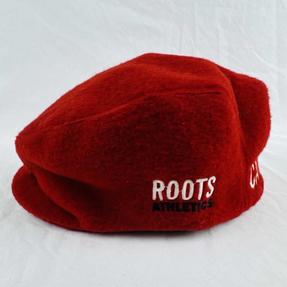 Roots Athletics Canada Olympic Red Fleece Flat Cap Newsboy Made in Canada Large